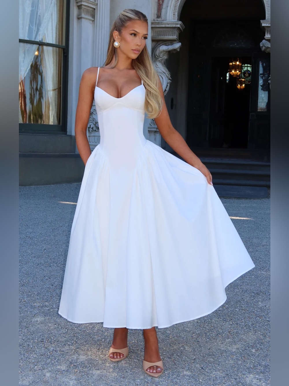 Elegant White Midi Dress with Spaghetti Straps